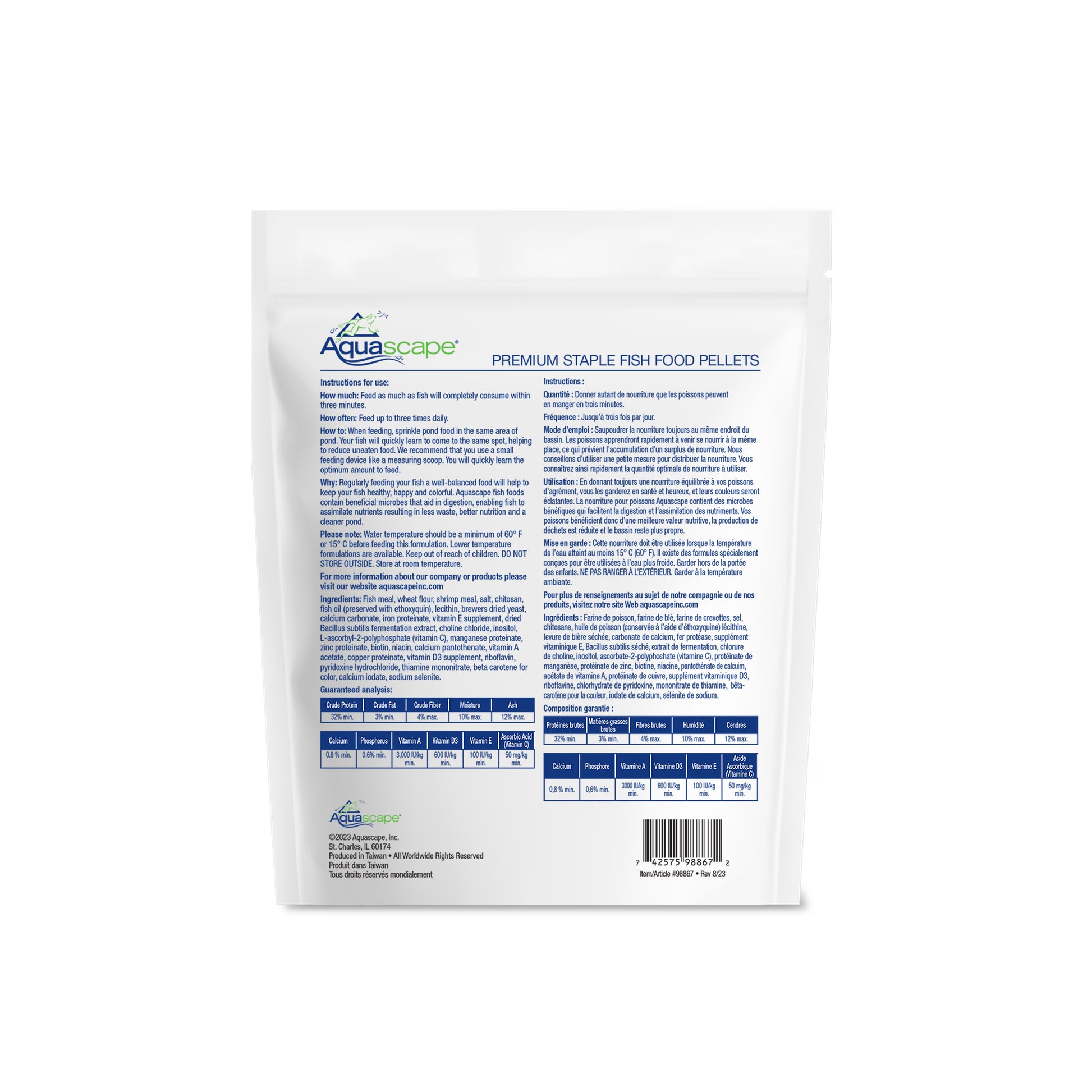 Aquascape PREMIUM STAPLE FISH FOOD-SMALL PELLETS - 1.1 LB / 500 G