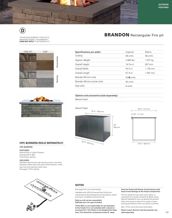Techo-Bloc HPC - FIREPIT RAFFINATO/BRANDON RECTANG-PUSH BUTTON IGNITION