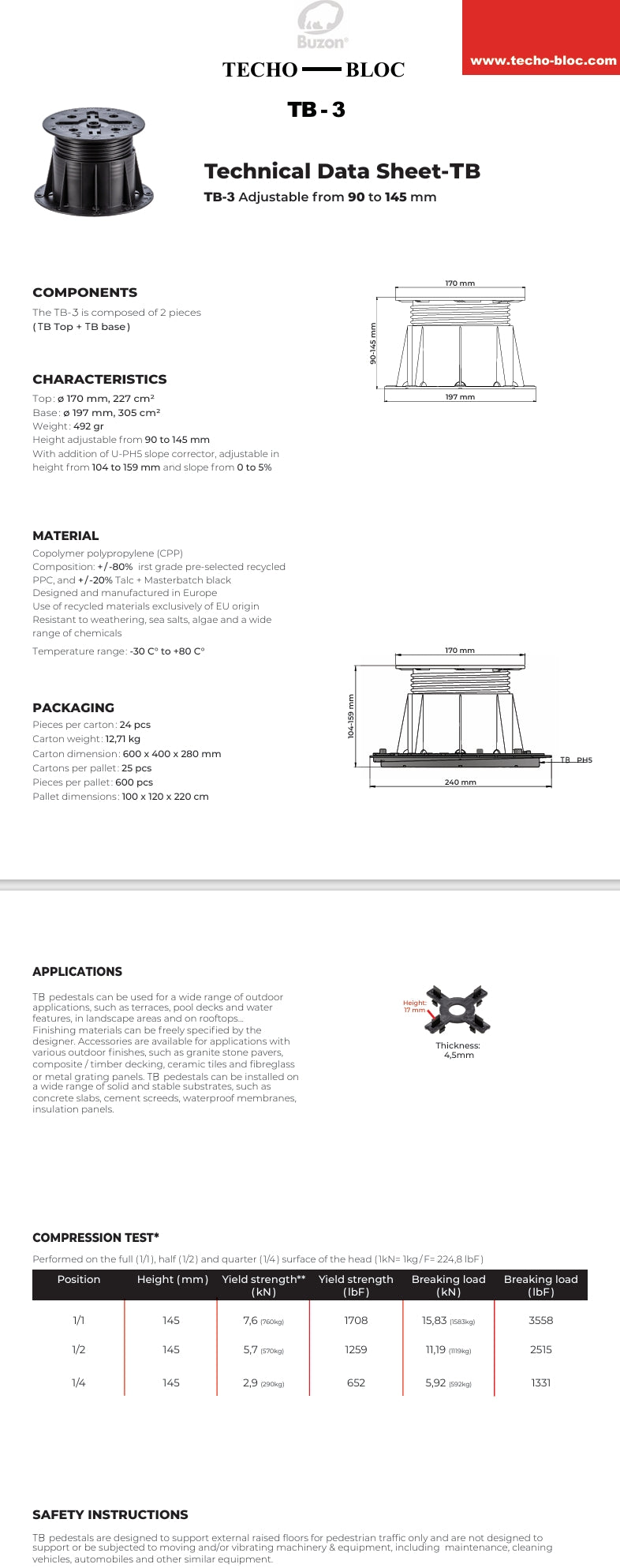 Techo-Bloc BUZON - TB-3 PEDESTAL KIT 90-145 MM *