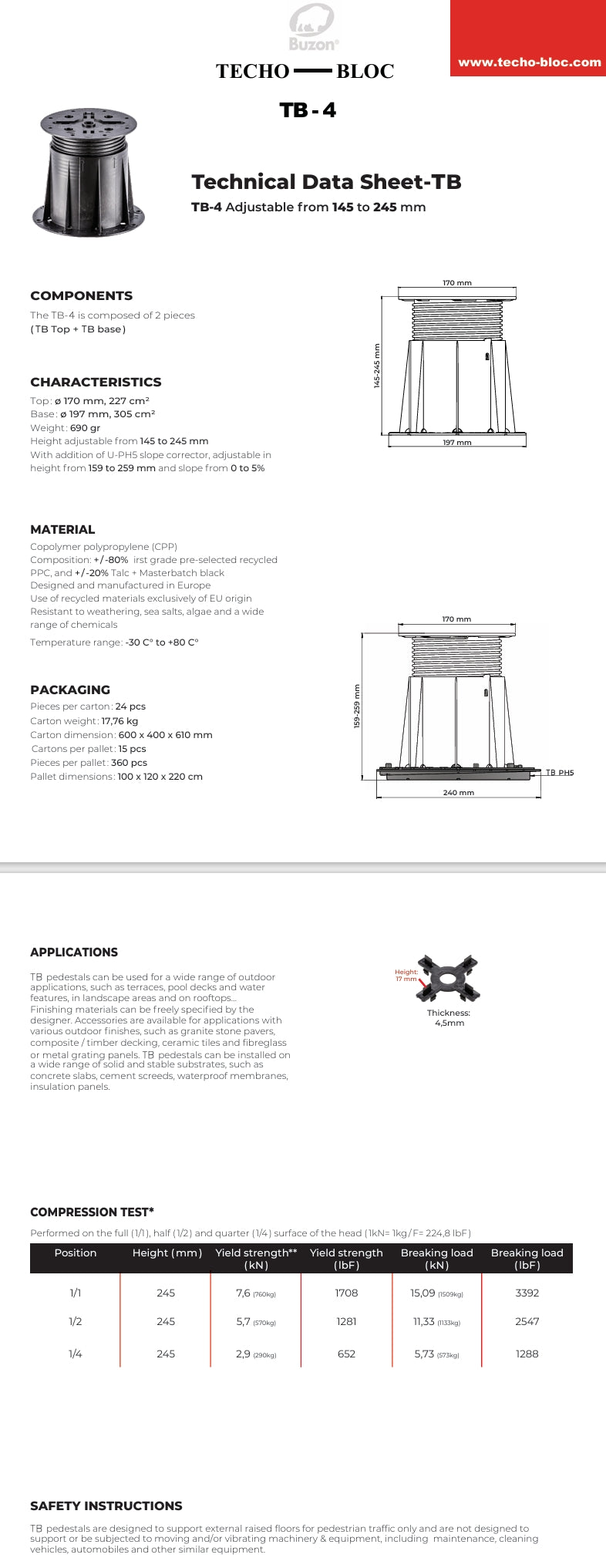 Techo-Bloc BUZON - TB-4 PEDESTAL KIT 145-245 MM *