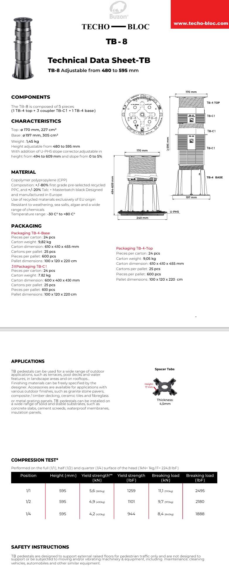 Techo-Bloc BUZON - TB-8 PEDESTAL KIT 452-605 MM *